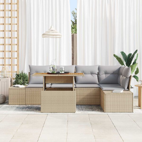 vidaXL Trädgårdsoffset med lagring 6 pcs Beige Poly rattan
