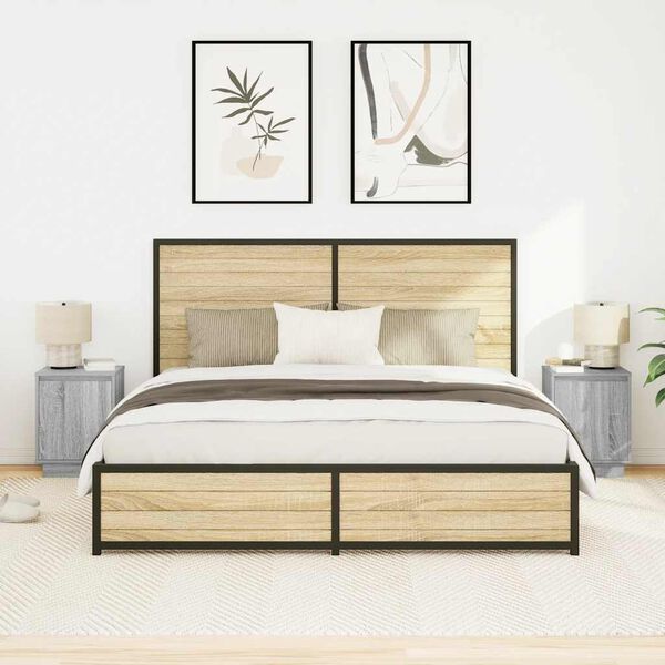 vidaXL S&auml;ngbord med LED-lampor 2 st gr&aring; sonoma 38x34x50 cm