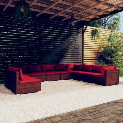 vidaXL Loungegrupp för trädgården med dynor 10 delar konstrotting brun