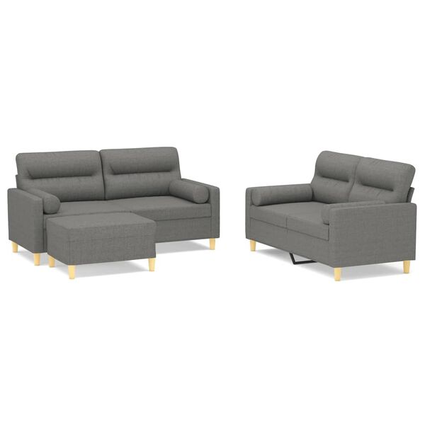 vidaXL Soffgrupp med prydnadskuddar & dynor 3 delar m&ouml;rkgr&aring; tyg