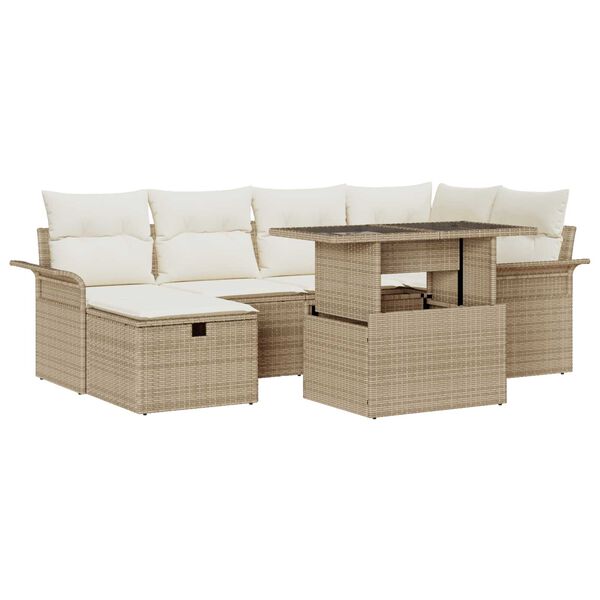 vidaXL Tr&auml;dg&aring;rdsoffset med kudde med lagring 7 pcs Beige Poly rattan