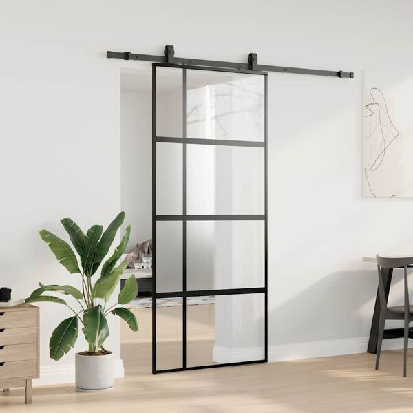 vidaXL Skjutd&ouml;rr med beslagssats svart 90x205 cm h&auml;rdat glas