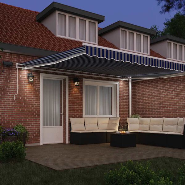 vidaXL Utfällbar markis med LED -remsljus Blå och Vit 450 × 300 cm