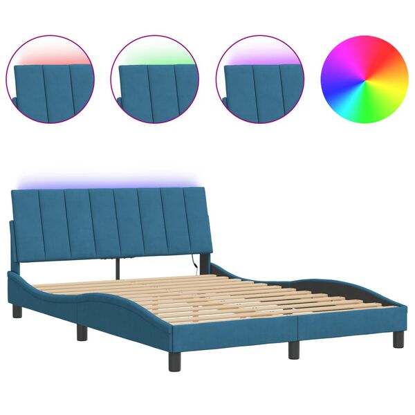 vidaXL Bed Frame with LED without Mattress "Hanko" Blue 140x200 cm Velvet