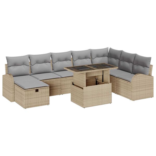 vidaXL Tr&auml;dg&aring;rdsoffset med kudde med lagring 9 pcs Beige Poly rattan