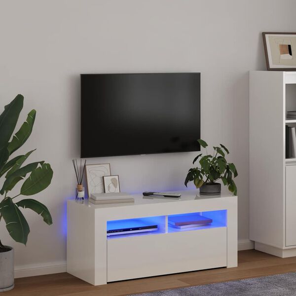 vidaXL TV-b&auml;nk med LED-belysning vit h&ouml;gglans 90x35x40 cm