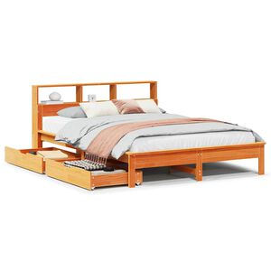vidaXL S&auml;ng med bokhylla utan madrass vaxbrun 120x200 cm massiv furu