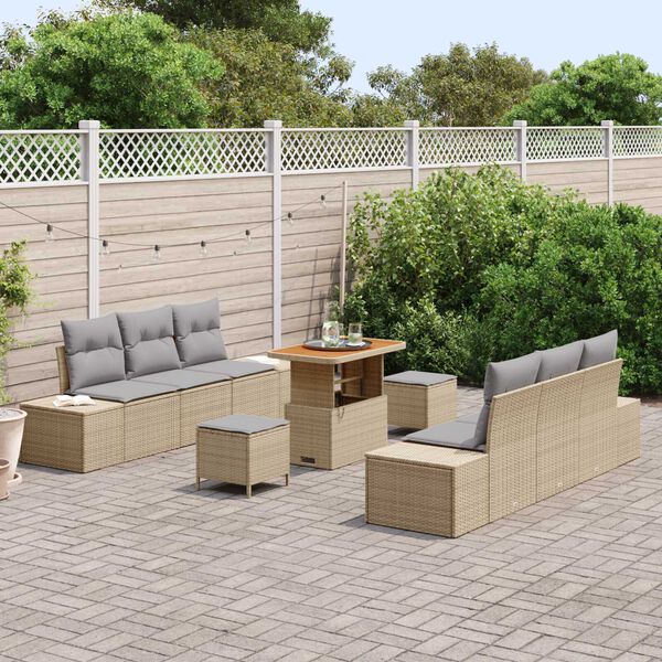 vidaXL Tr&auml;dg&aring;rdsoffset med kudde 9 pcs Beige Poly rattan