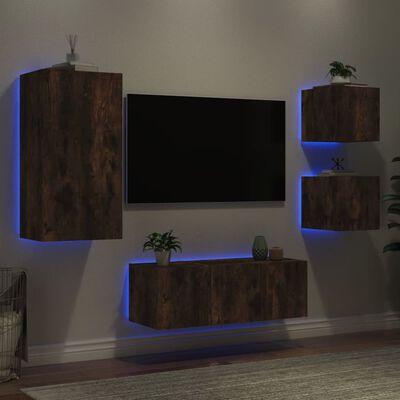 vidaXL Tv-bänk 5 delar LED rökfärgad ek konstruerat trä