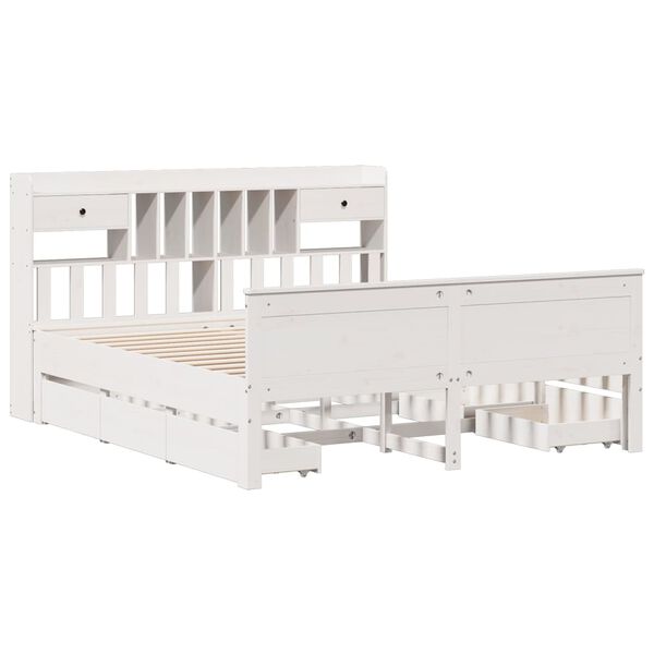 vidaXL S&auml;ng med bokhylla utan madrass vit 180x200cm massiv furu