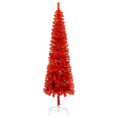 vidaXL Plastgran smal med LED och julgranskulor röd 150 cm