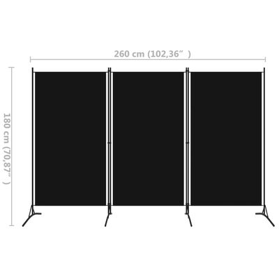 vidaXL Rumsavdelare 3 paneler svart 260x180 cm