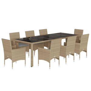 vidaXL Matgrupp f&ouml;r tr&auml;dg&aring;rd med dynor 9 delar beige konstrotting&glas