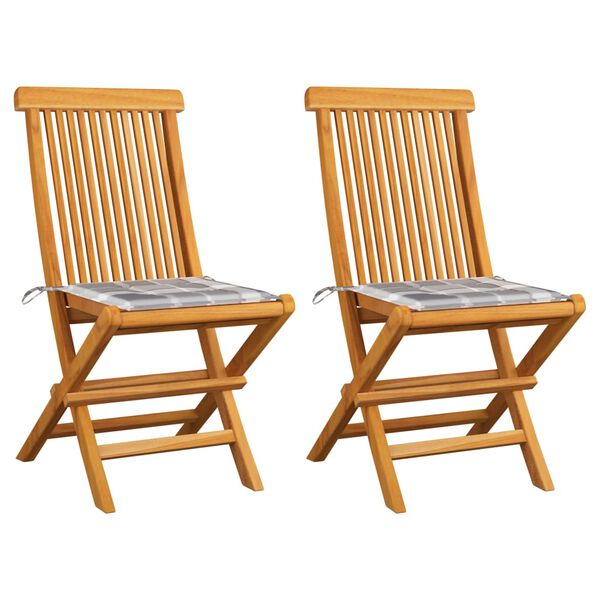 vidaXL Trädgårdsstolar med dynor grått rutmönster 2 st massiv teak