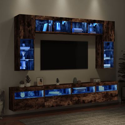 vidaXL Väggmonterade tv-skåp 8 delar med LEDs rökfärgad ek