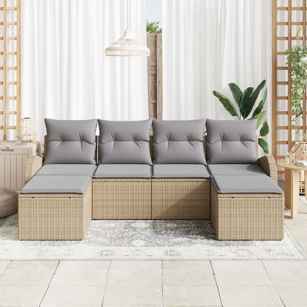 vidaXL Trädgårdsoffset med kudde 6 pcs Beige Poly Rattan