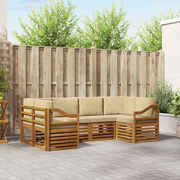 vidaXL Sektionsoffgrupp med kudde 6 pcs Naturf&auml;rg Massivt Akaciatr&auml;