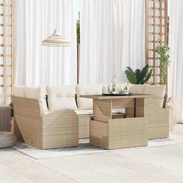 vidaXL Tr&auml;dg&aring;rdsoffset med kudde med lagring 7 pcs Beige Poly Rattan
