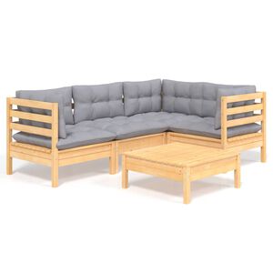 vidaXL Loungegrupp med dynor 5 delar gr&aring; furu