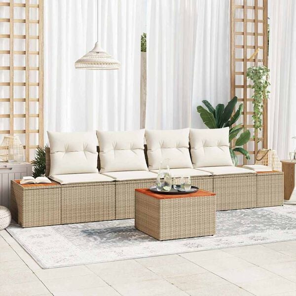 vidaXL Tr&auml;dg&aring;rdsoffset med kudde 5 pcs Beige Poly rattan
