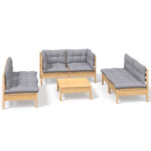 vidaXL Loungegrupp med gr&aring; dynor 7 delar massiv furu