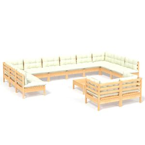 vidaXL Loungegrupp med gr&auml;ddvita dynor 13 delar massiv furu