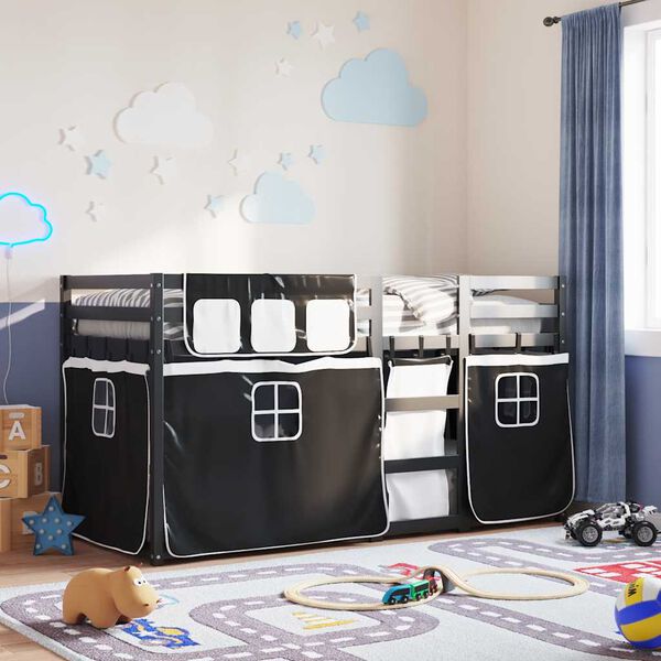 vidaXL Lofts&auml;ng med gardiner vit&svart 90x190 cm massiv furu