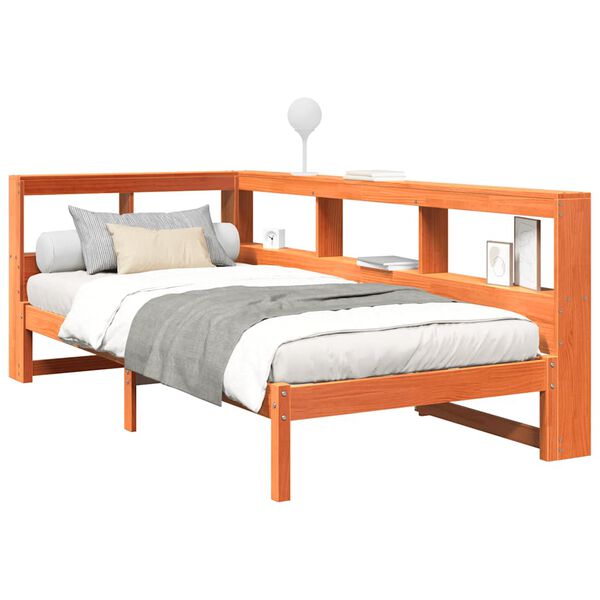 vidaXL S&auml;ng med bokhylla utan madrass vaxad brun 90x200 cm massiv furu