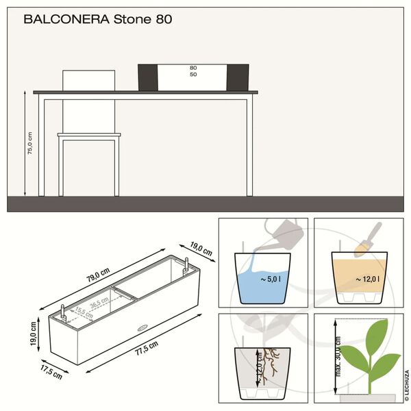 LECHUZA Odlingsenhet BALCONERA Stone 80 ALL-IN-ONE gr&aring;