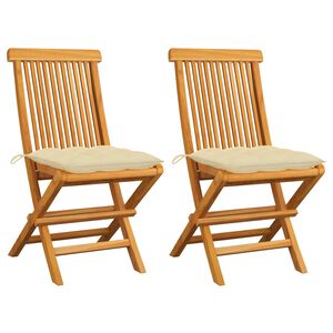 vidaXL Tr&auml;dg&aring;rdsstolar med gr&auml;ddvita dynor 2 st massiv teak