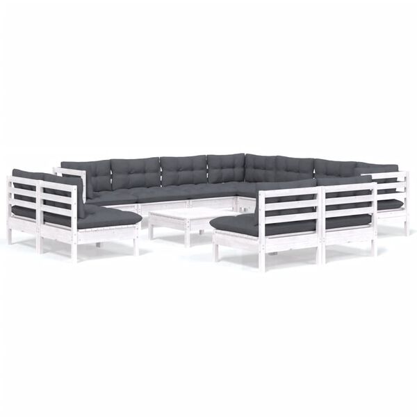 vidaXL Loungegrupp med dynor 12 delar vit massiv furu