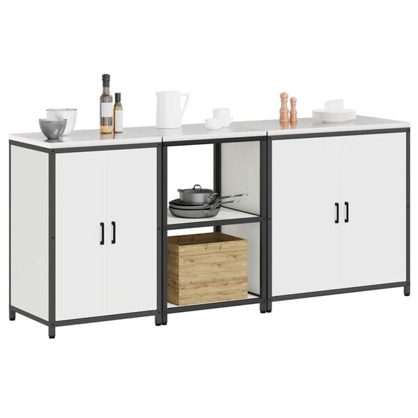 vidaXL K&ouml;ksf&ouml;rvaringsset med hylla med d&ouml;rr 3 pcs Vit Kallvalsat st&aring;l