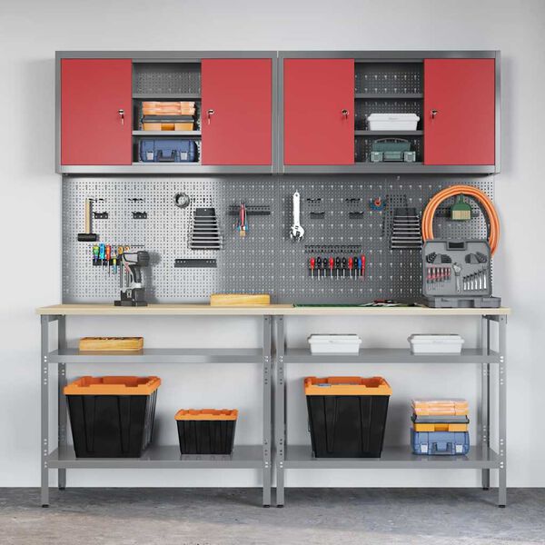 vidaXL Arbetsbänkset med hylla 8 pcs Röd 200 x 55 x 200 cm Stål