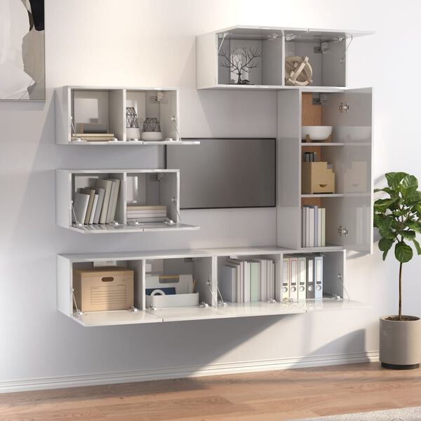 vidaXL Tv-sk&aring;p 6 delar h&ouml;gglans vit konstruerat tr&auml;