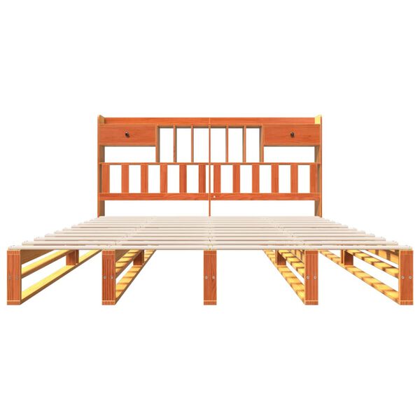 vidaXL S&auml;ng med bokhylla utan madrass vaxbrun 200x200cm massiv furu