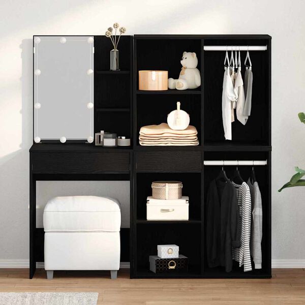 vidaXL LED Sminkbord Set Svart Ek 140 x 40 x 140 cm Konstruerat tr&auml;