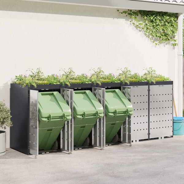 vidaXL F&ouml;rvaring f&ouml;r 3 soptunnor Antracit 340 x 77,5 x 115,5 cm St&aring;l