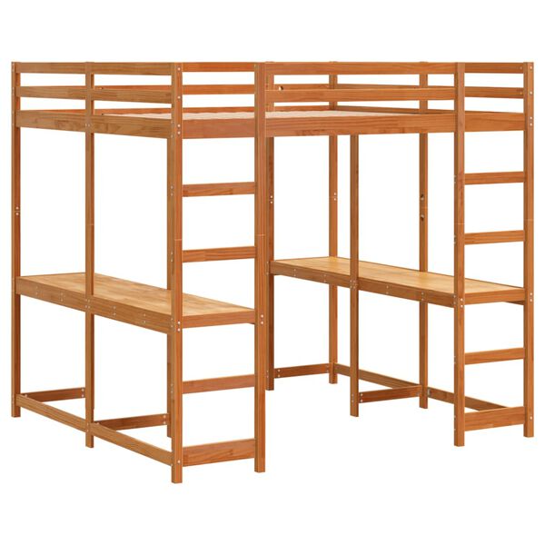 vidaXL Våningssäng med skrivbord & stege vaxbrun 180x200cm massiv furu