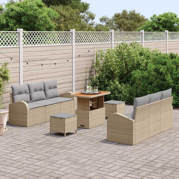 vidaXL Tr&auml;dg&aring;rdsoffset med kudde 9 pcs Beige Poly rattan