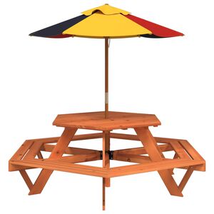 vidaXL Picknickbord med parasoll f&ouml;r 6 barn sexkantigt massivt grantr&auml;
