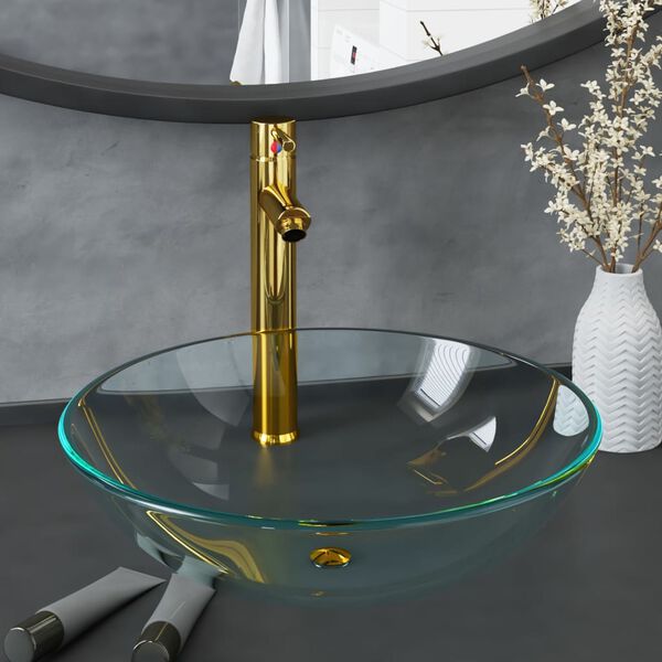 vidaXL Handfat med kran och tryckavlopp klart härdat glas