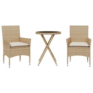 vidaXL Bistrogrupp med dynor 3 delar beige konstrotting och glas