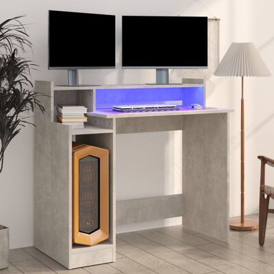 vidaXL Skrivbord med LED betonggrå 97x45x90 cm konstruerat trä