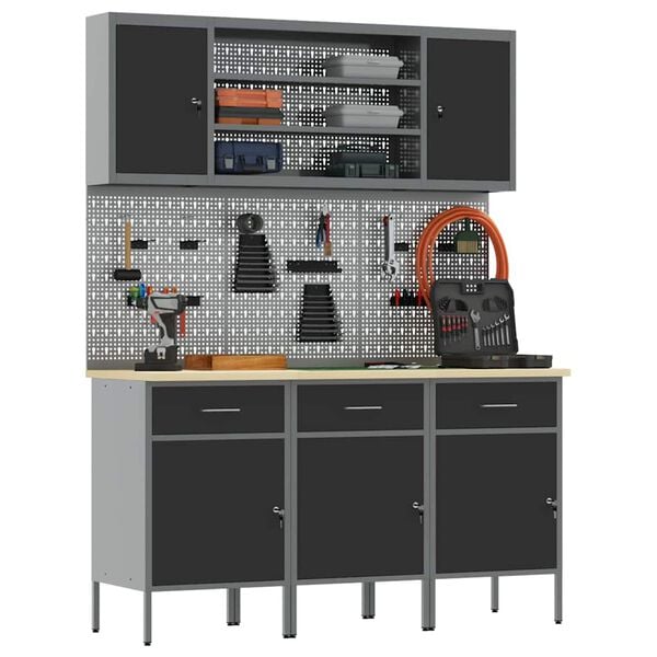 vidaXL Arbetskabinett med l&aring;da 7 pcs Svart Konstruerat tr&auml; och st&aring;l