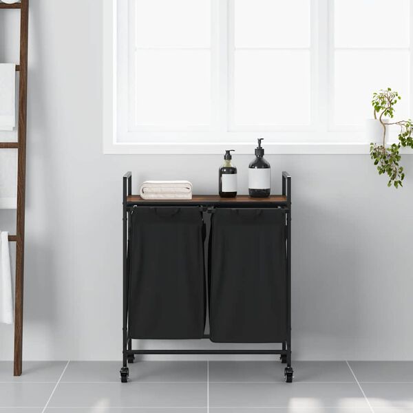 vidaXL Tvättkorg 2 fack med hjul brun ek