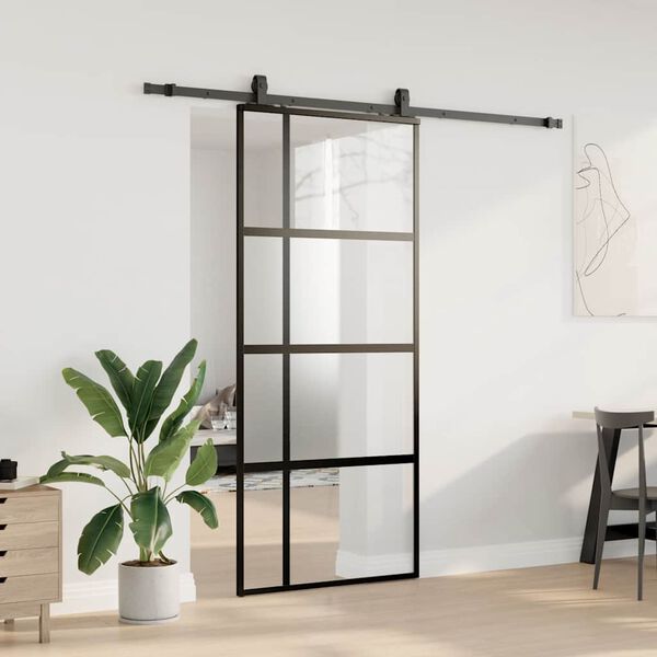 vidaXL Skjutd&ouml;rr med beslagssats svart 90x205 cm h&auml;rdat glas
