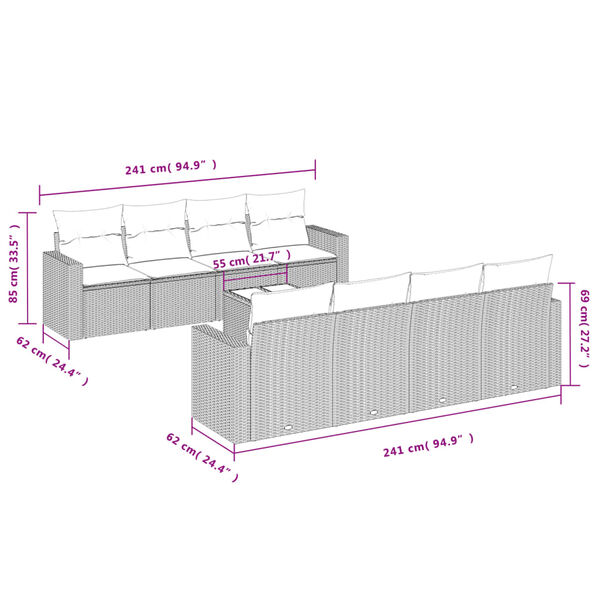 vidaXL Loungegrupp för trädgården m dynor 9 delar ljusgrå konstrotting