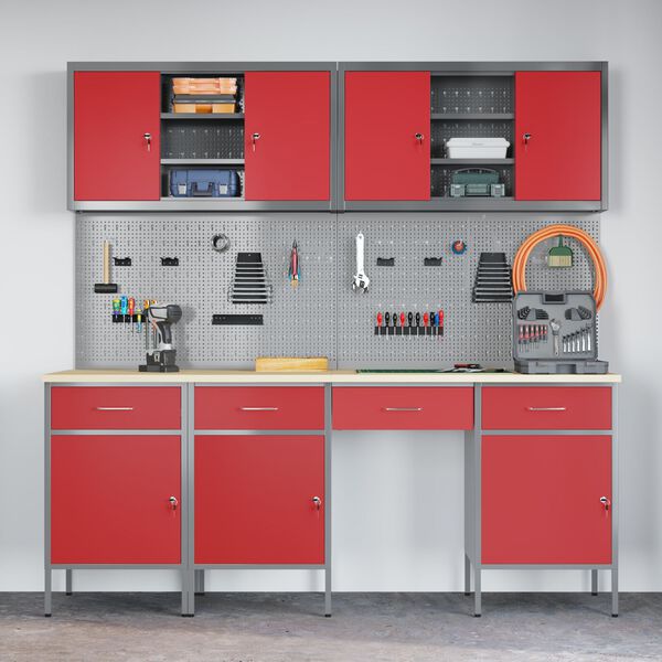 vidaXL Arbetsb&auml;nk med l&aring;da med l&aring;s 10 pcs R&ouml;d 200 x 55 x 200 cm St&aring;l