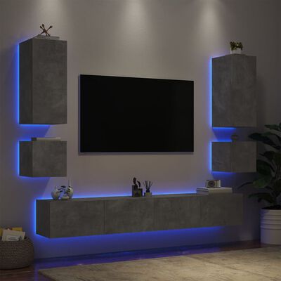 vidaXL Väggmonterade TV-skåp 6 delar LEDs betonggrå