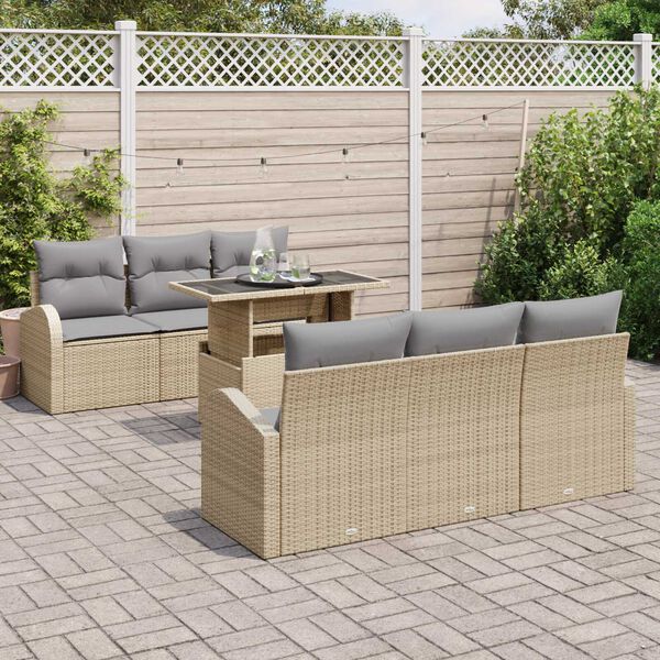 vidaXL Tr&auml;dg&aring;rdsoffset med kudde med lagring 7 pcs Beige Poly Rattan